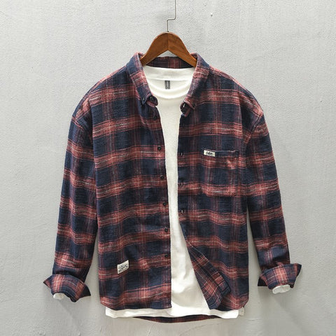 Striped Plaid Spring And Autumn Long-sleeved Shirt Men&
