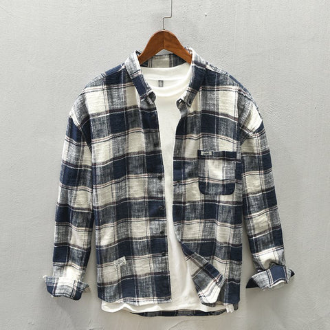 Striped Plaid Spring And Autumn Long-sleeved Shirt Men&