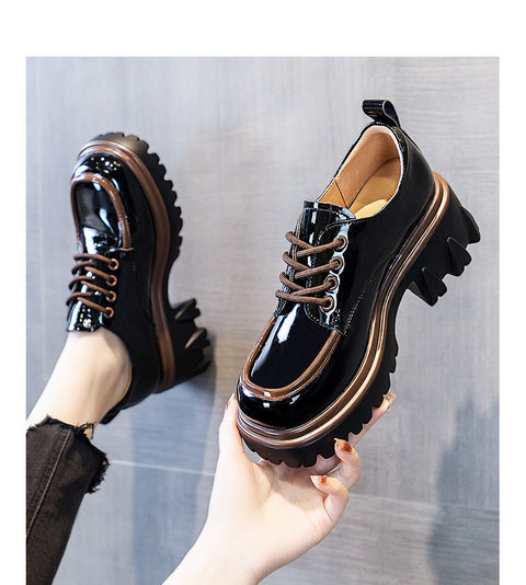 Round toe small leather shoes for women British style 2023 new autumn color matching fashionable foreign style thick heel thick sole heightening loafers