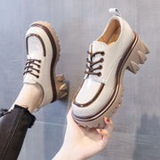 Round toe small leather shoes for women British style 2023 new autumn color matching fashionable foreign style thick heel thick sole heightening loafers