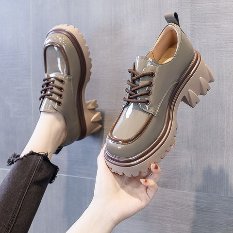 Round toe small leather shoes for women British style 2023 new autumn color matching fashionable foreign style thick heel thick sole heightening loafers