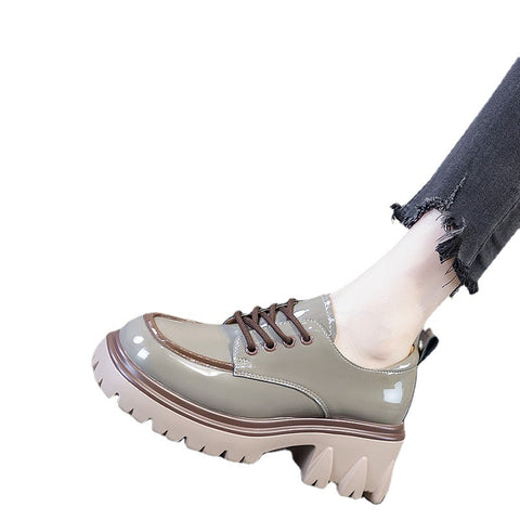 Round toe small leather shoes for women British style 2023 new autumn color matching fashionable foreign style thick heel thick sole heightening loafers