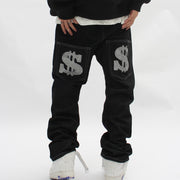 European and American style letter printed jeans men's high street trendy brand loose straight trousers dark black casual daddy pants