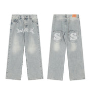 European and American style letter printed jeans men's high street trendy brand loose straight trousers dark black casual daddy pants