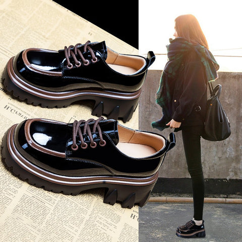 Round toe small leather shoes for women British style 2023 new autumn color matching fashionable foreign style thick heel thick sole heightening loafers