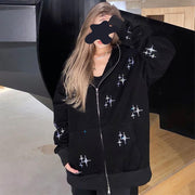 European and American cross-border men's and women's clothing autumn new style 2021 European and American loose top star hot diamond zipper hooded sweater
